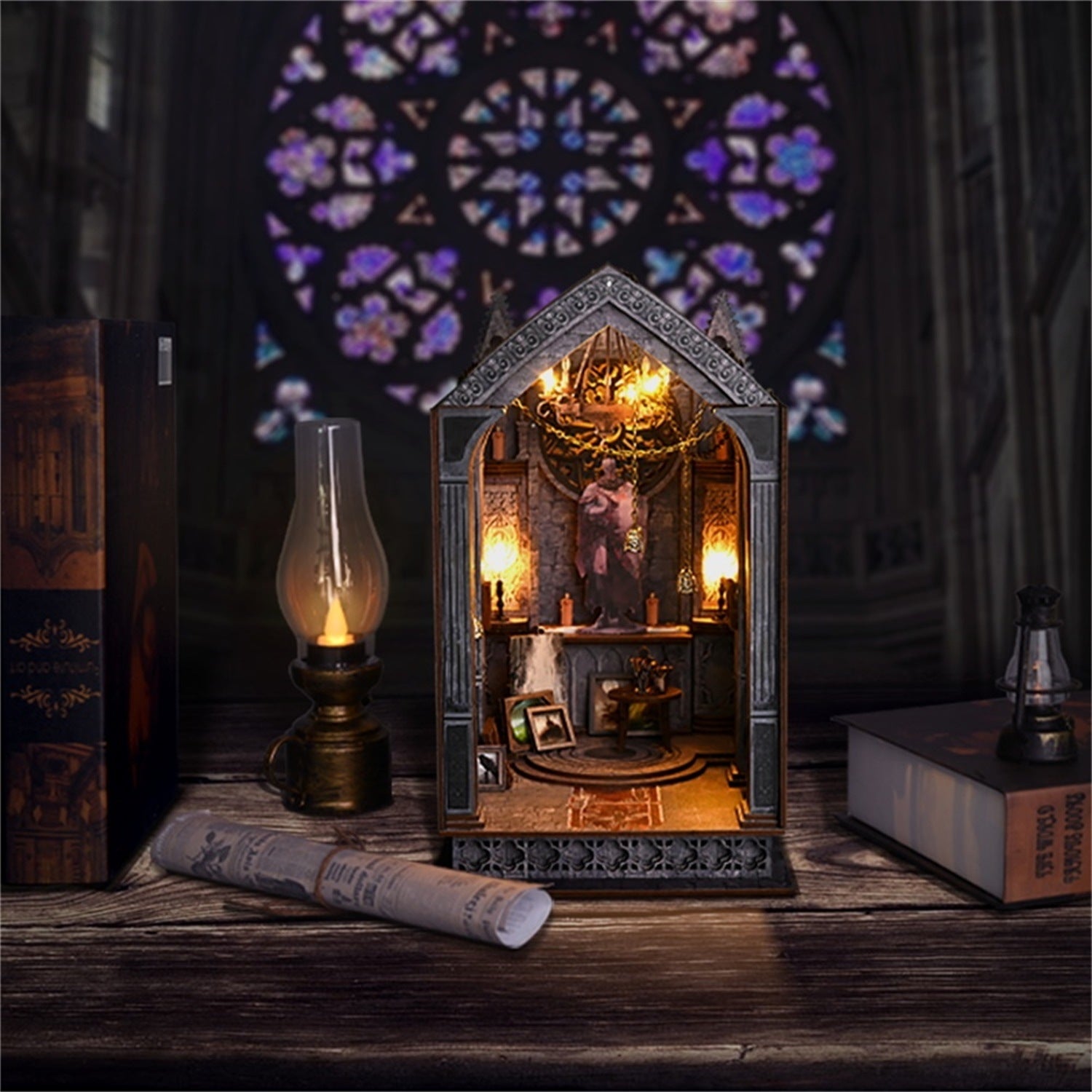 Quiet Night Prayer | DIY Book Nook Kit | Gothic Architecture Inspired 3D Wooden Bookend | Bookshelf Insert Diorama | Miniature Crafts