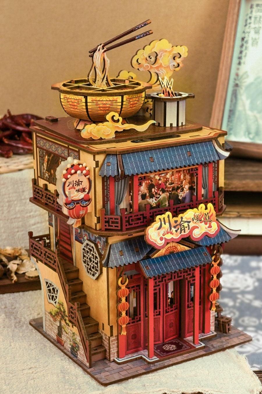 Chinese hot pot restaurant inspired 3d wooden puzzle diy miniature crafts