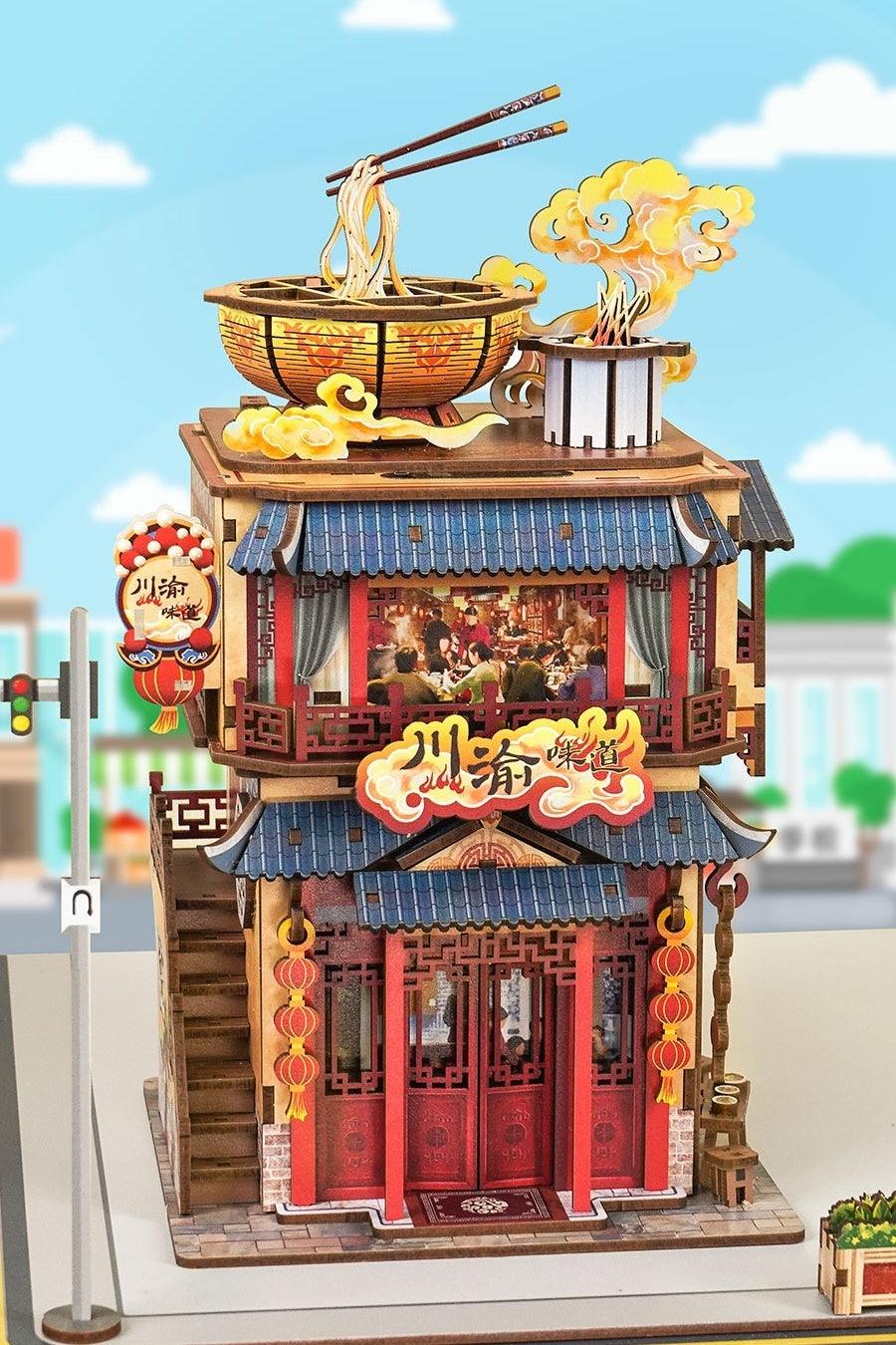 Chinese hot pot restaurant inspired 3d wooden puzzle diy miniature crafts