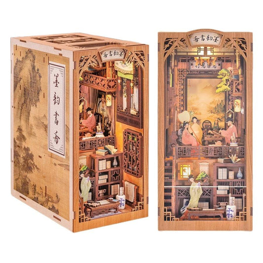 Ink Rhythm Bookstore DIY Book Nook Kit, A charming miniature puzzle crafts inspired by Chinese ancient bookstore, perfect for DIY crafting enthusiasts and dollhouse collectors alike. Ideal for bookshelf decor of gift for Chinese culture lovers