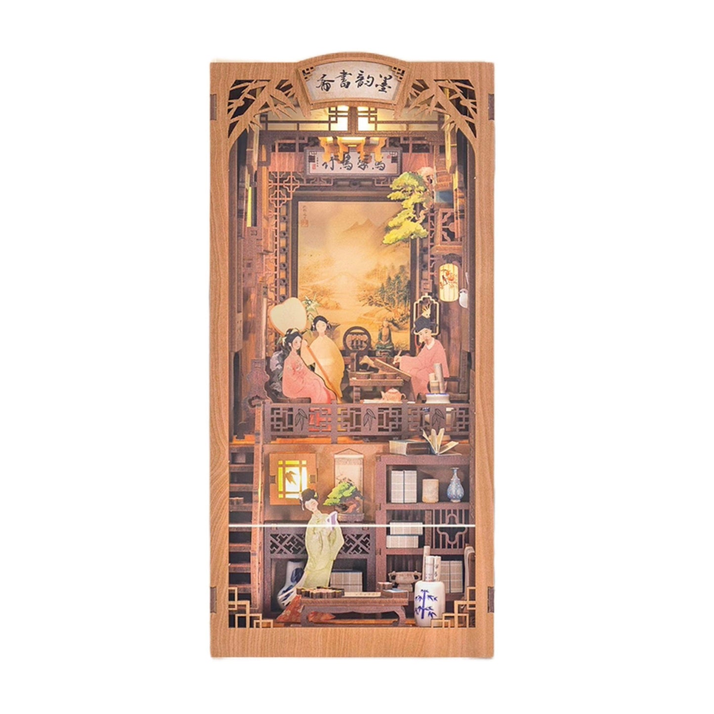 Ink Rhythm Bookstore DIY Book Nook Kit, A charming miniature puzzle crafts inspired by Chinese ancient bookstore, perfect for DIY crafting enthusiasts and dollhouse collectors alike. Ideal for bookshelf decor of gift for Chinese culture lovers