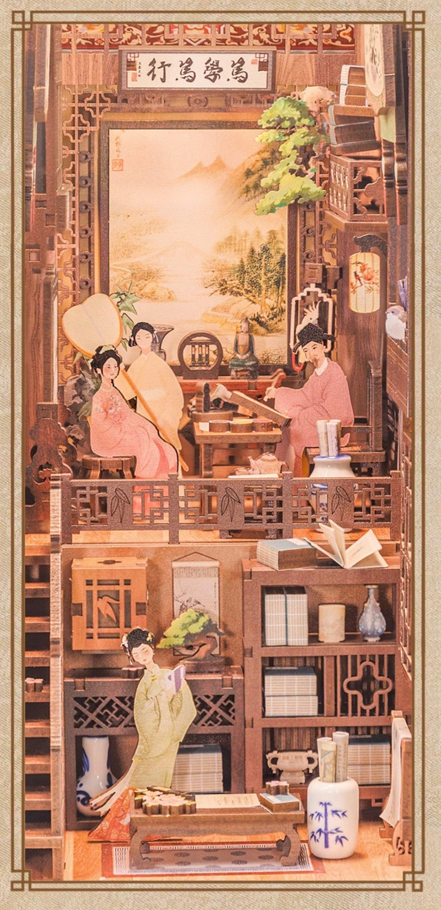 Ink Rhythm Bookstore DIY Book Nook Kit, A charming miniature puzzle crafts inspired by Chinese ancient bookstore, perfect for DIY crafting enthusiasts and dollhouse collectors alike. Ideal for bookshelf decor of gift for Chinese culture lovers