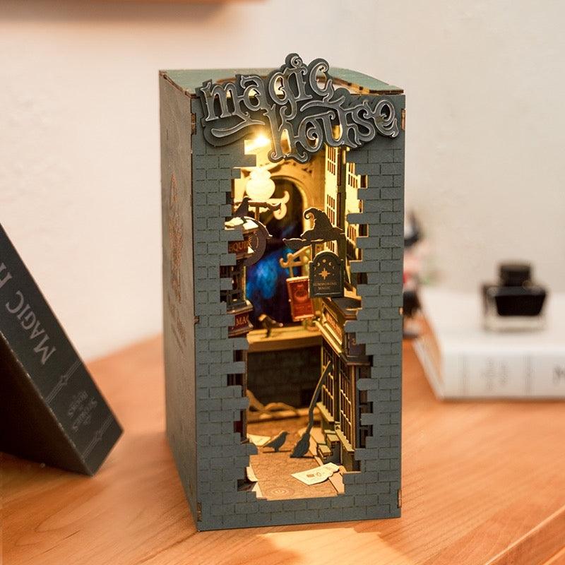 diagon alley themed diy wooden book nook kit for bookshelf insert decor or Harry Potter loversr with led light