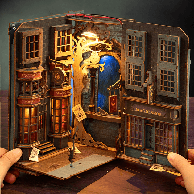 diagon alley themed diy wooden book nook kit for bookshelf insert decor or Harry Potter loversr -inner