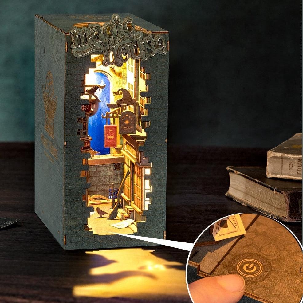 diagon alley themed diy wooden book nook kit for bookshelf insert decor or Harry Potter loversr - touch active led light