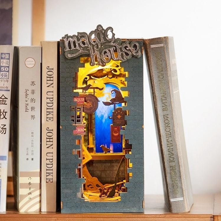 diagon alley themed diy wooden book nook kit for bookshelf insert decor or Harry Potter loversr - front view