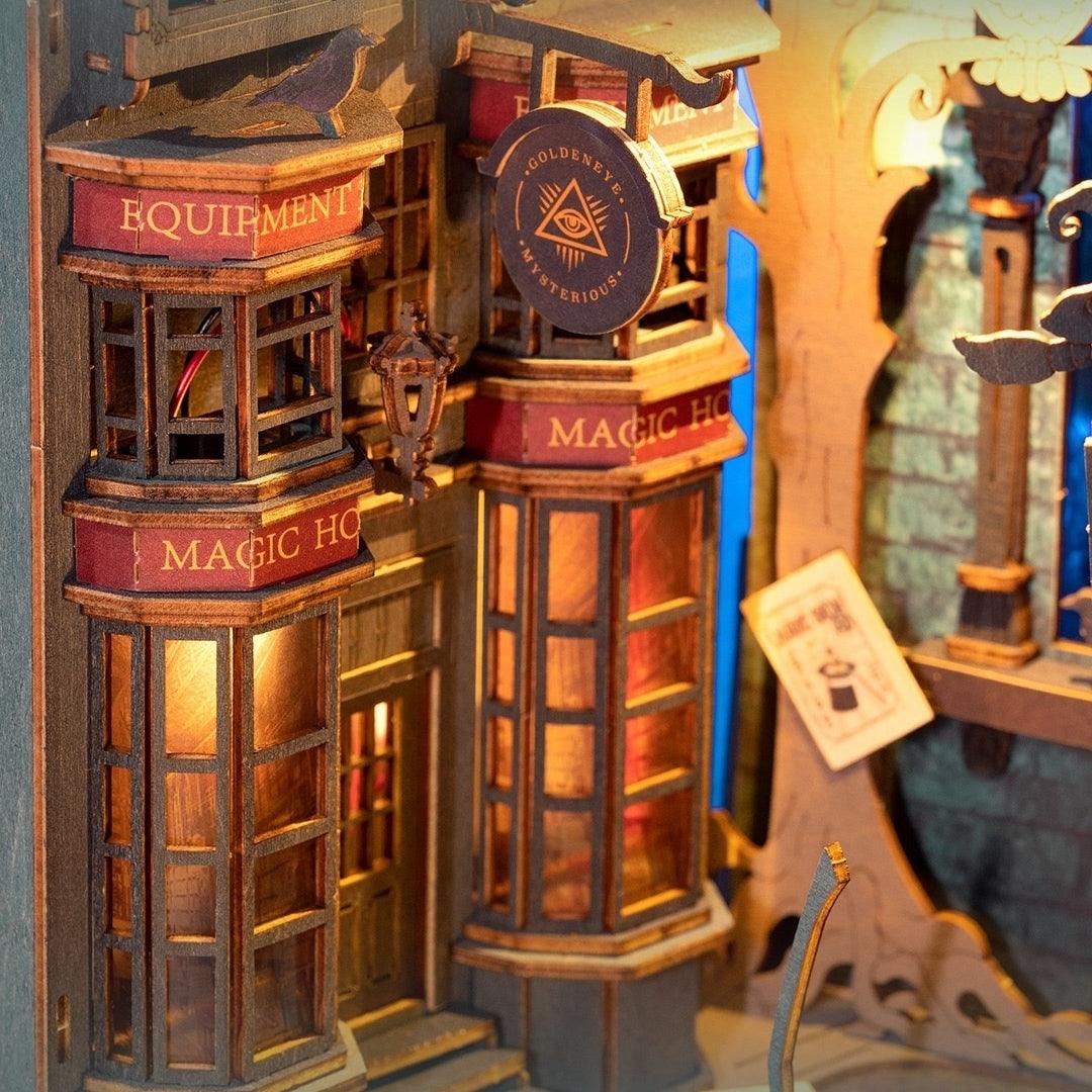 diagon alley themed diy wooden book nook kit for bookshelf insert decor or Harry Potter lovers close-up