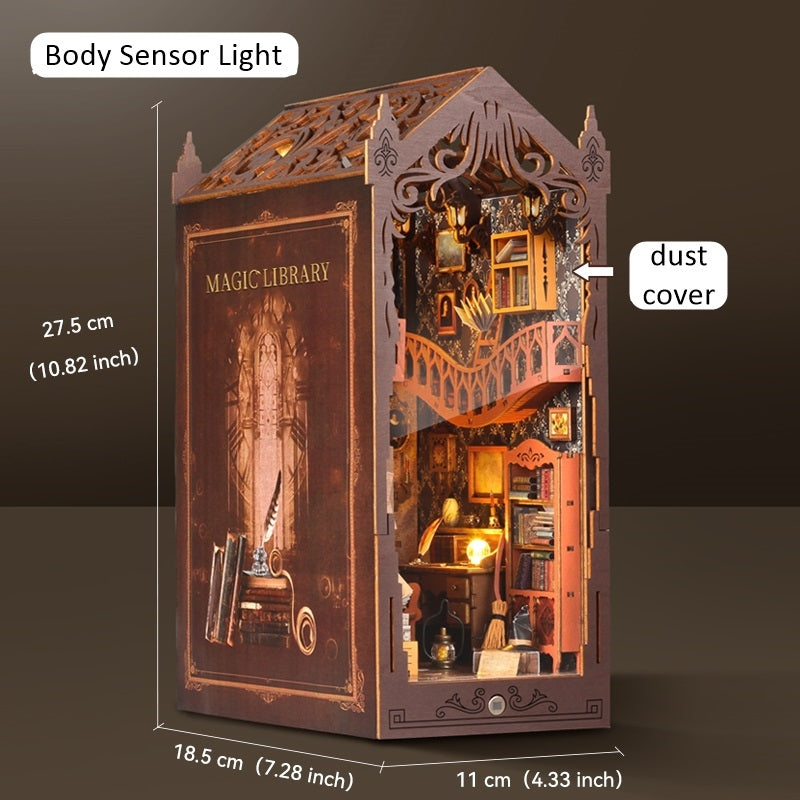 Magic Library DIY Book Nook Kit | 3D Wooden Puzzle Bookend | Bookshelf Decor Diorama | Miniature House Book Stand