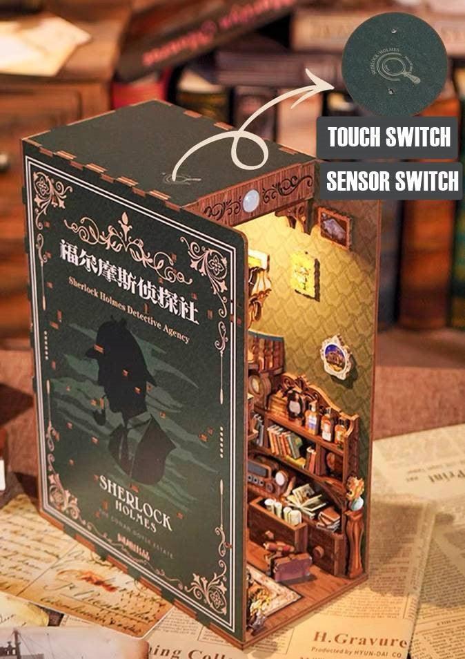 Sherlock Holmes Detective Agency DIY Book Nook Kit - Bookshelf Insert Diorama - 3D Wooden Bookend - Miniature Crafts