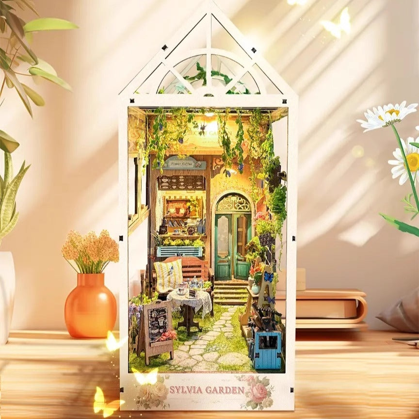 Sylvia Garden DIY Book Nook Kit | 3D Wooden Puzzle Bookend | Bookshelf Decor Diorama | Miniature House Book Stand