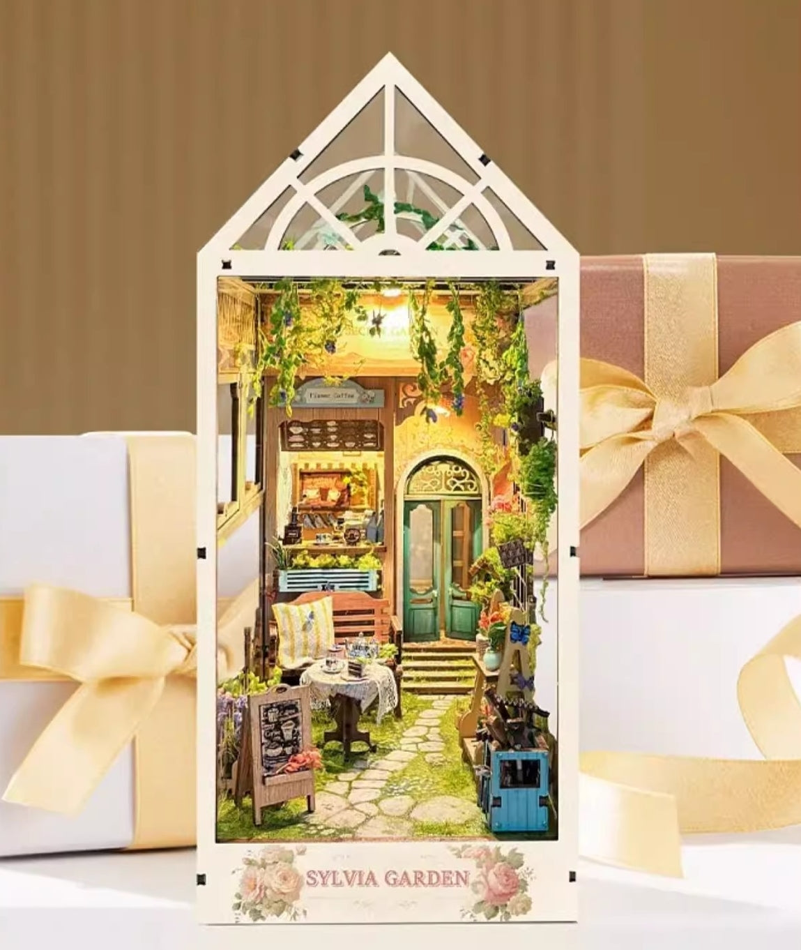Sylvia Garden DIY Book Nook Kit | 3D Wooden Puzzle Bookend | Bookshelf Decor Diorama | Miniature House Book Stand