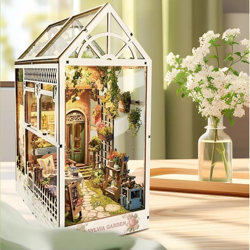 Sylvia Garden DIY Book Nook Kit | 3D Wooden Puzzle Bookend | Bookshelf Decor Diorama | Miniature House Book Stand