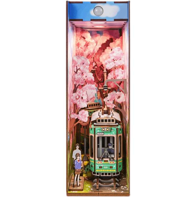 Japanese Sakura Densya DIY Book Nook Kit, A charming miniature 3d wooden puzzles the captures the essence of springtime in Japan, perfect for bookshelf decor or a delightful gift for Japanese culture lovers.