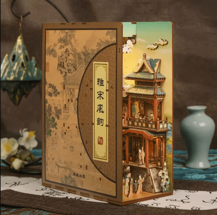 elegant song dynasty diy book nook kit,ancient Chinese themed bookshelf insert decor diorama, miniature house crafts, 3d wooden puzzles, assembly book end bookcase