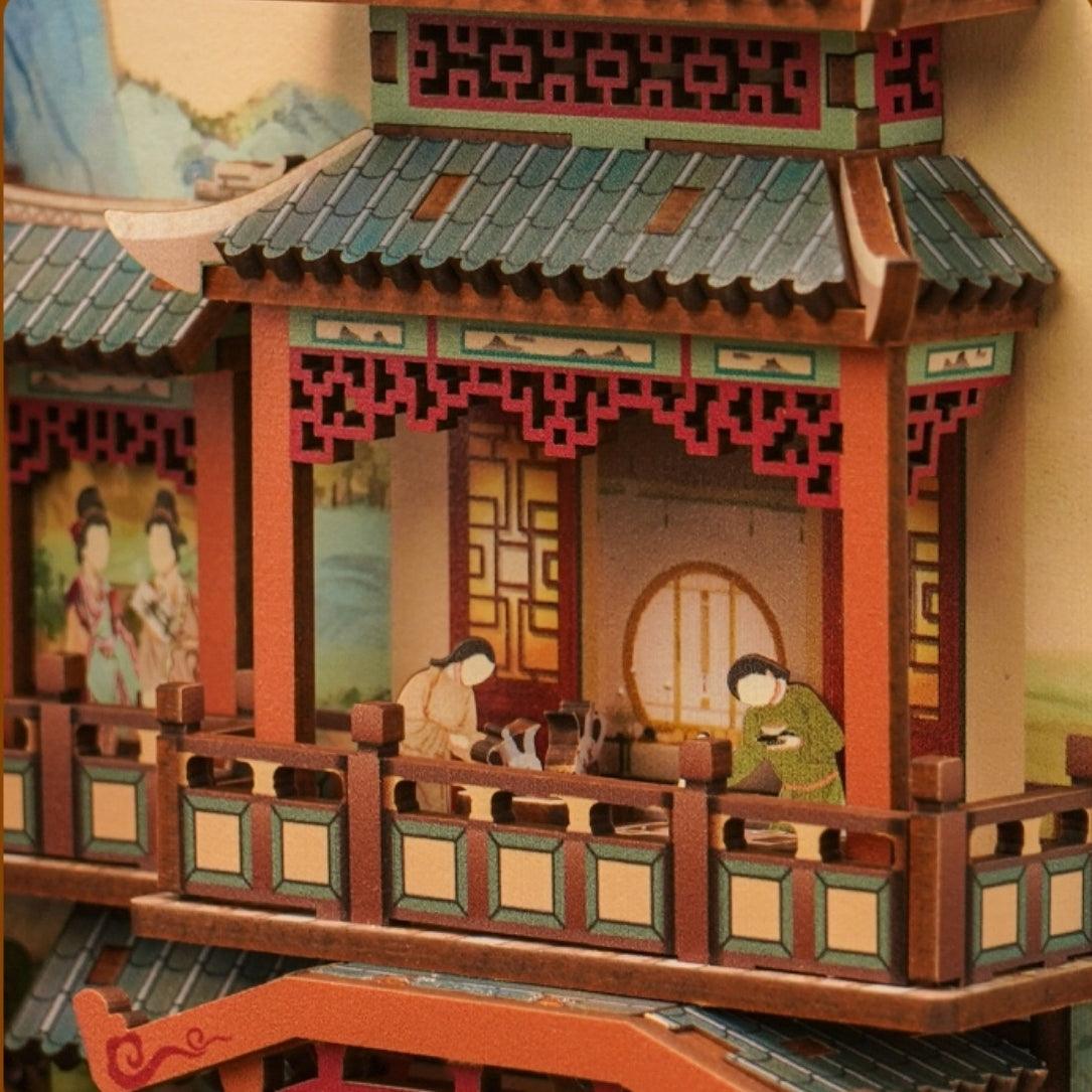 elegant song dynasty diy book nook kit,ancient Chinese themed bookshelf insert decor diorama, miniature house crafts, 3d wooden puzzles, assembly book end bookcase