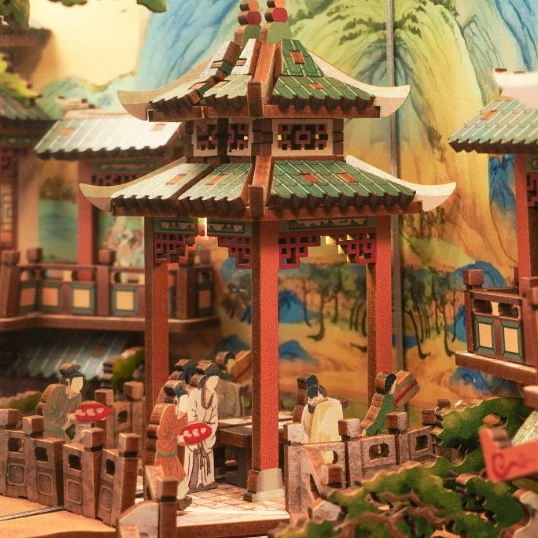 elegant song dynasty diy book nook kit,ancient Chinese themed bookshelf insert decor diorama, miniature house crafts, 3d wooden puzzles, assembly book end bookcase