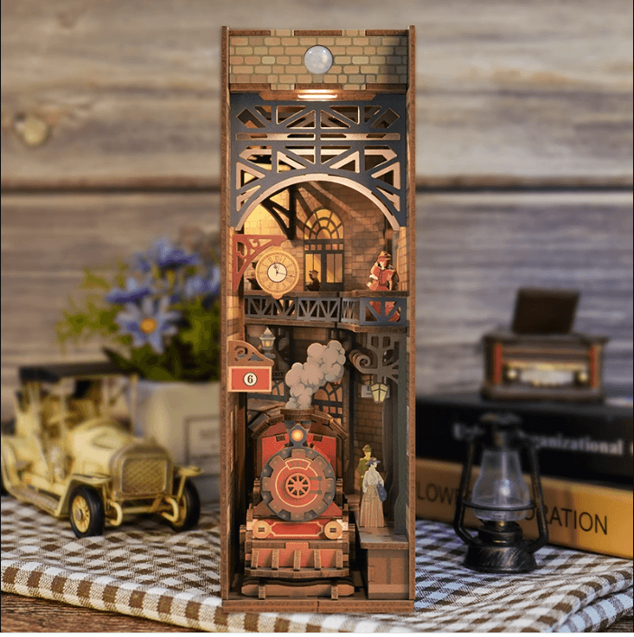 Age of Steam DIY book nook kit, replica of old England, a charming miniature craft 3d wooden puzzles inspired by Industrial Revolution, perfect for crafting enthusiasts and dollhouse collectors alike. Ideal for bookshelf decor of gift for history lovers