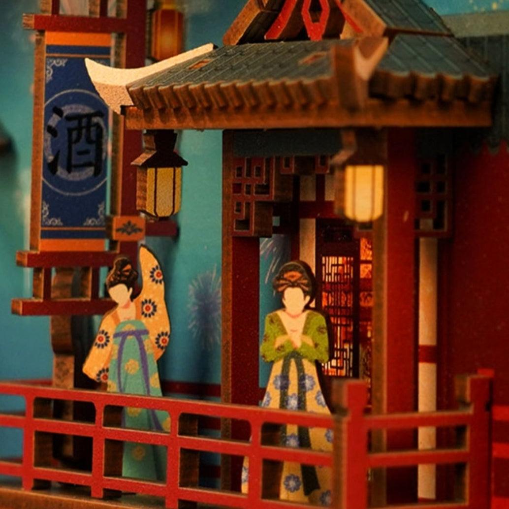 A Tang Dynasty Night Banquet DIY Book Nook Kit, A charming miniature 3d wooden puzzles the relives old Chinese, perfect for crafting enthusiasts, dollhouse collectors and Chinese culture lovers alike. Ideal for bookshelf decor of gifting. Scene 1