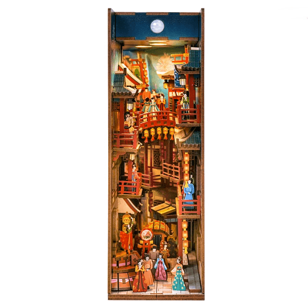A Tang Dynasty Night Banquet DIY Book Nook Kit, A charming miniature 3d wooden puzzles the relives old Chinese, perfect for crafting enthusiasts, dollhouse collectors and Chinese culture lovers alike. Ideal for bookshelf decor of gifting. front side