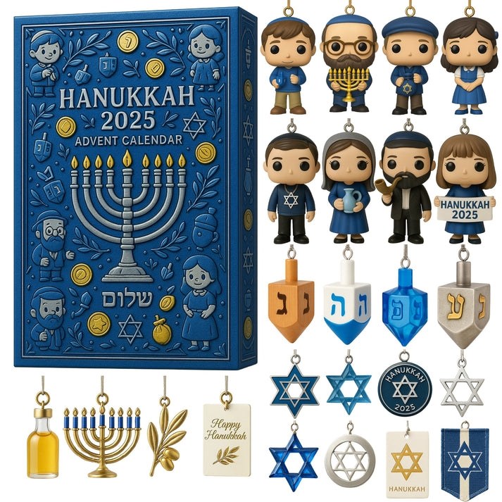 Hanukkah 2025 Advent Calendar with figurines and decorations on a blue background