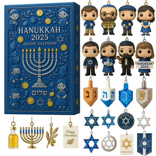 Hanukkah 2025 Advent Calendar with figurines and decorations on a blue background