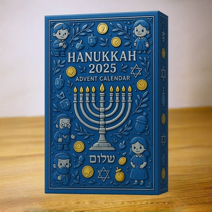 Blue Hanukkah 2025 Advent Calendar with Menorah design on a wooden surface.