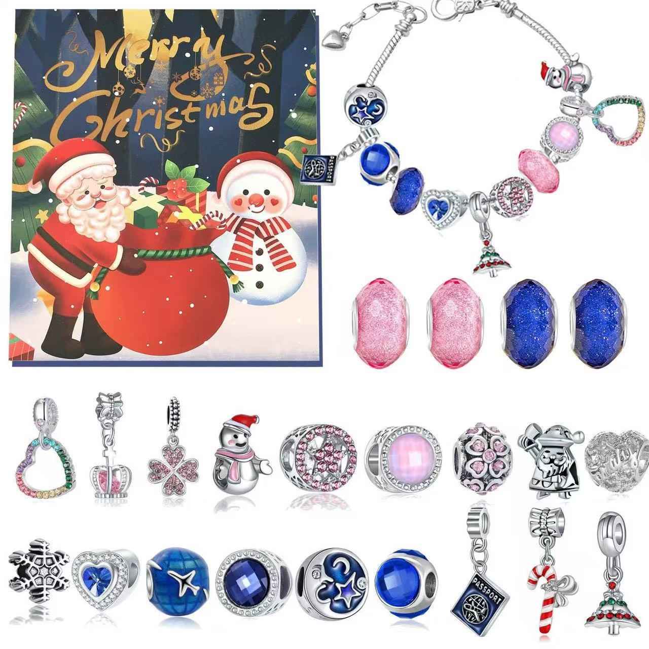 image displaying spread out of 24 Days Christmas Countdown Advent Calendar Bracelet Set, including 22 charms and 1 finished bracelet