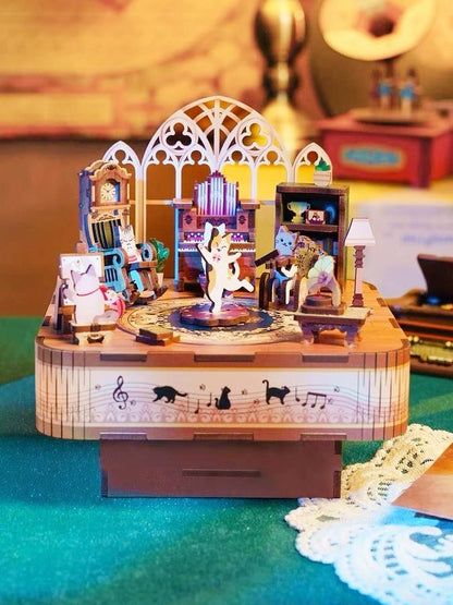 tonecheer diy music box - cat's party - 3d wooden mechanical puzzle - miniature crafts