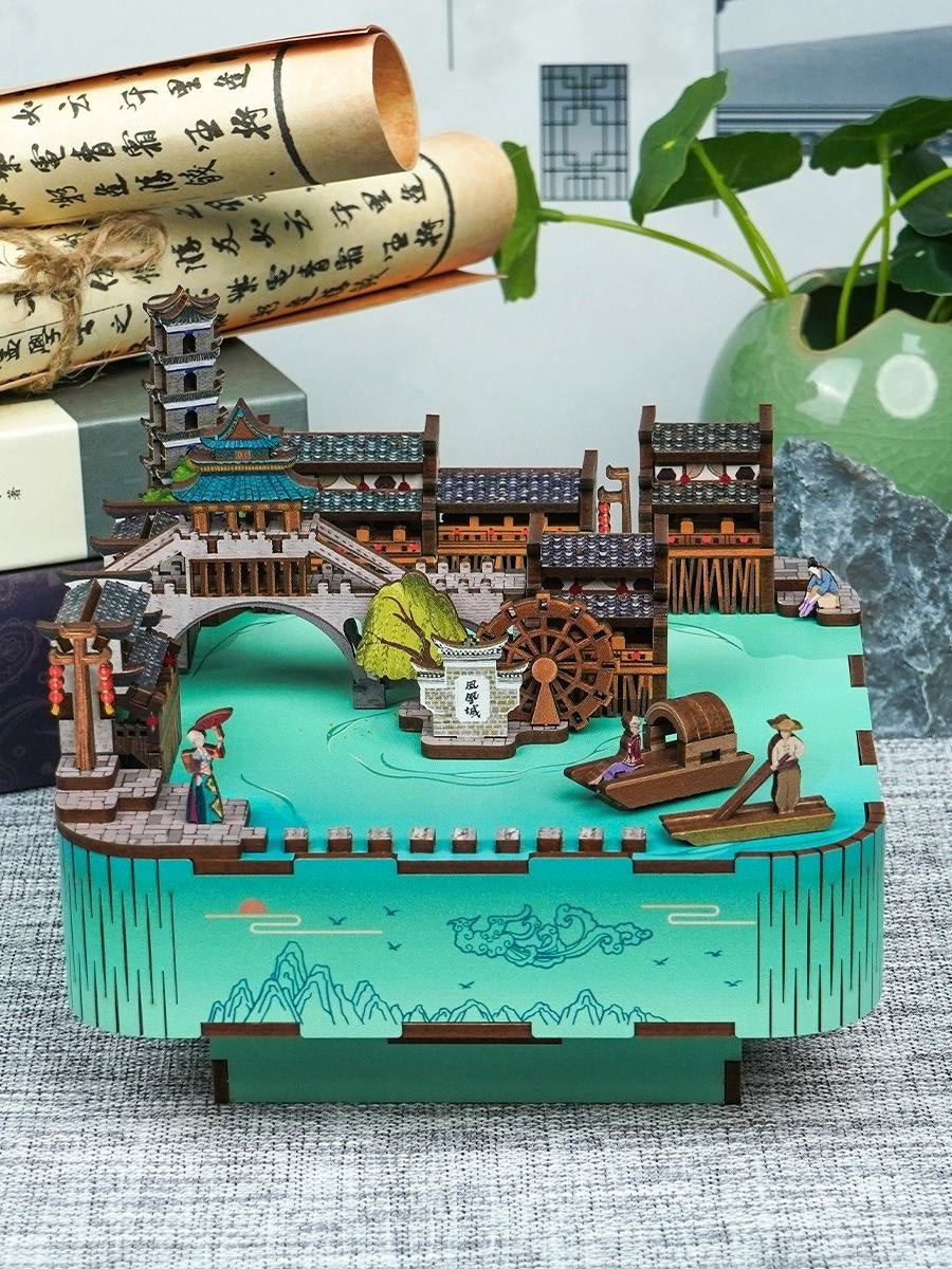ancient town diy music box - 3d wooden mechanical puzzle - miniature crafts