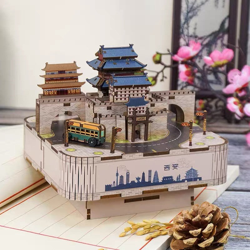 ancient chinese city diy music box - 3d wooden mechanical puzzle - miniature crafts