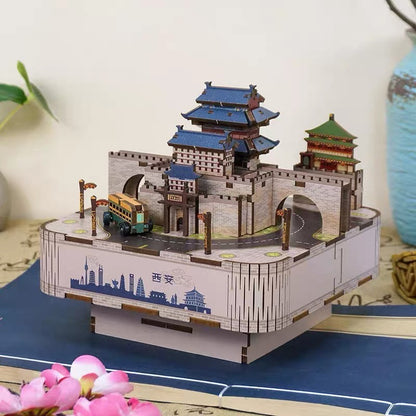 ancient chinese city diy music box - 3d wooden mechanical puzzle - miniature crafts
