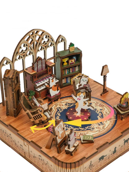 tonecheer diy music box - cat's party - 3d wooden mechanical puzzle - miniature crafts