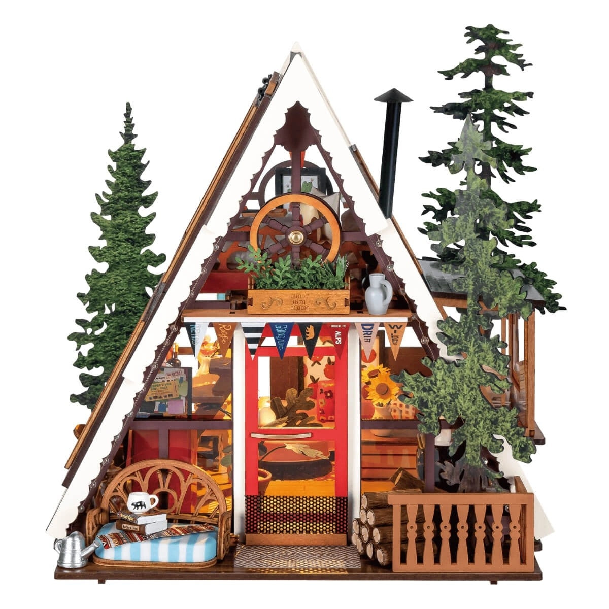 Wooden cabin dollhouse with detailed interior and exterior elements on a white background