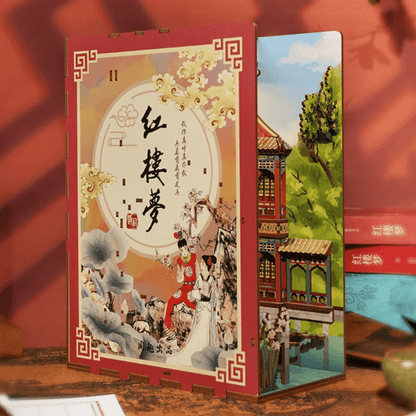 A Dream in Red Mansions DIY Wooden Book Nook Kit, A charming miniature 3d wooden puzzles inspired by Chinese famous novel, perfect for crafting enthusiasts, dollhouse collectors and Chinese culture lovers alike. Ideal for bookshelf decor of gifting. Cover