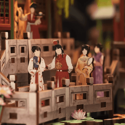 A Dream in Red Mansions DIY Wooden Book Nook Kit, A charming miniature 3d wooden puzzles inspired by Chinese famous novel, perfect for crafting enthusiasts, dollhouse collectors and Chinese culture lovers alike. Ideal for bookshelf decor of gifting. scene