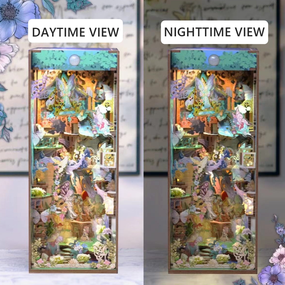 A Midsummer Night's Dream theme DIY Book Nook Kit, bookshelf insert decor diorama, 3d puzzles bookend, miniature house crafts - daytime and nighttime view