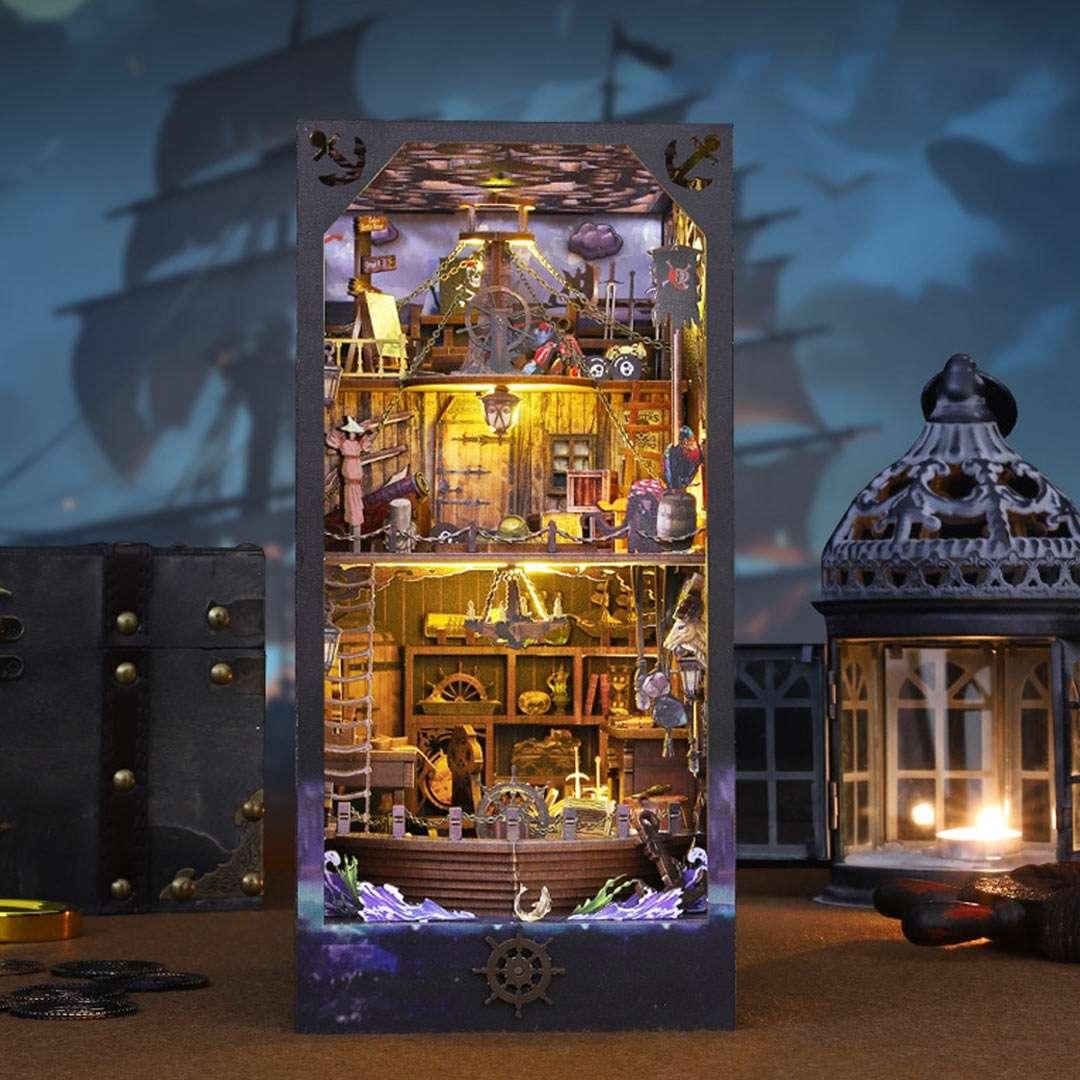 Aden Piracy in Somalia DIY Book Nook Kit, a piracy themed miniature crafts with rich detailed scenes, musical movement, touch switch light, and easy snap-in design, perfect for 3D puzzles bookend lovers, model building lovers, dollhouse collectors, bookshelf insert decor, A great DIY project for pirate ship lovers.