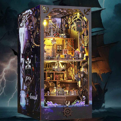 Aden Piracy in Somalia DIY Book Nook Kit, a piracy themed miniature crafts with rich detailed scenes, musical movement, touch switch light, and easy snap-in design, perfect for 3D puzzles bookend lovers, model building lovers, dollhouse collectors, bookshelf insert decor, A great DIY project for pirate ship lovers.