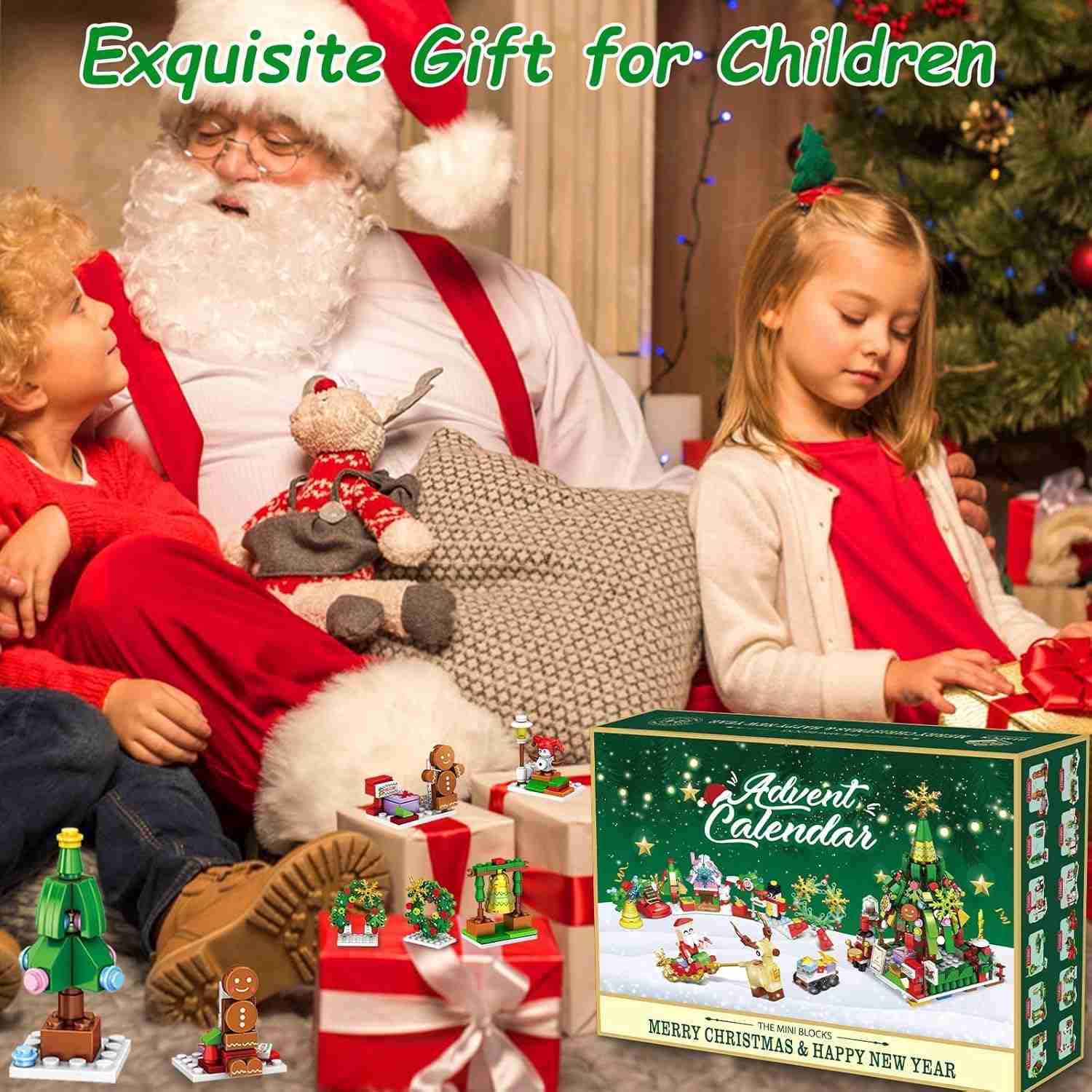 image displaying Christmas Tree Advent Calendar 24 Days Countdown Building Blocks Set on a table. kids and Santa Claus sitting around, to showcase that it is an exquisite gift for children