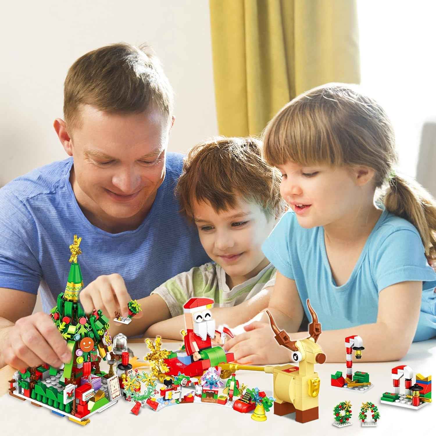 a family is building the Christmas Tree Advent Calendar 24 Days Countdown Building Blocks Set together, to showcase that Interactive and Fun for Kids and Ideal for Hands-On Play