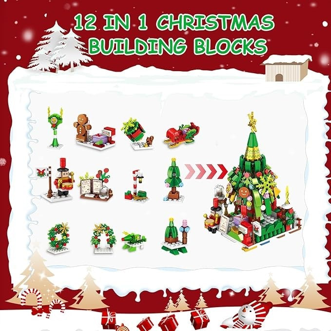 image displaying the 12 in 1 block model of Christmas Tree Advent Calendar 24 Days Countdown Building Blocks Set together