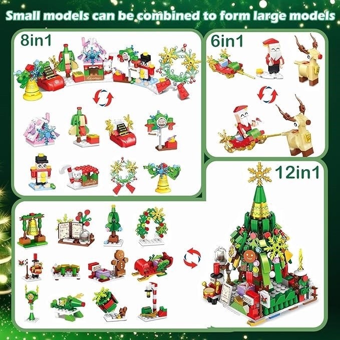 image displaying Various combinations of Christmas Tree Advent Calendar 24 Days Countdown Building Blocks Set together