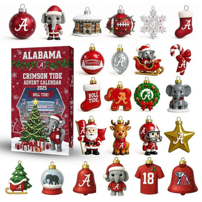 Alabama Crimson Tide Christmas ornaments and advent calendar with various themed decorations.