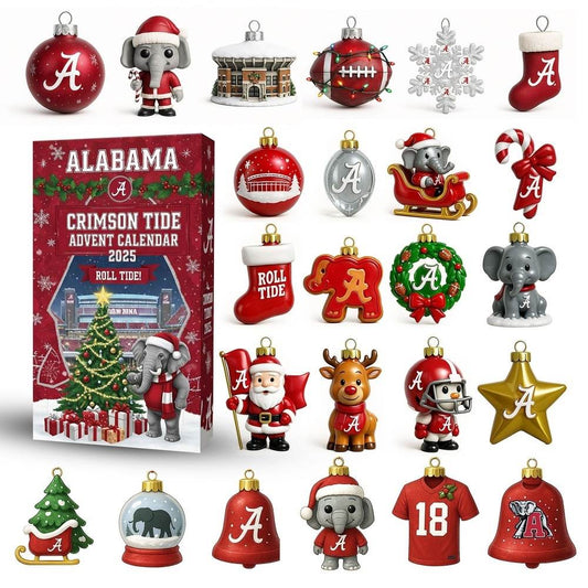Alabama Crimson Tide Christmas ornaments and advent calendar with various themed decorations.