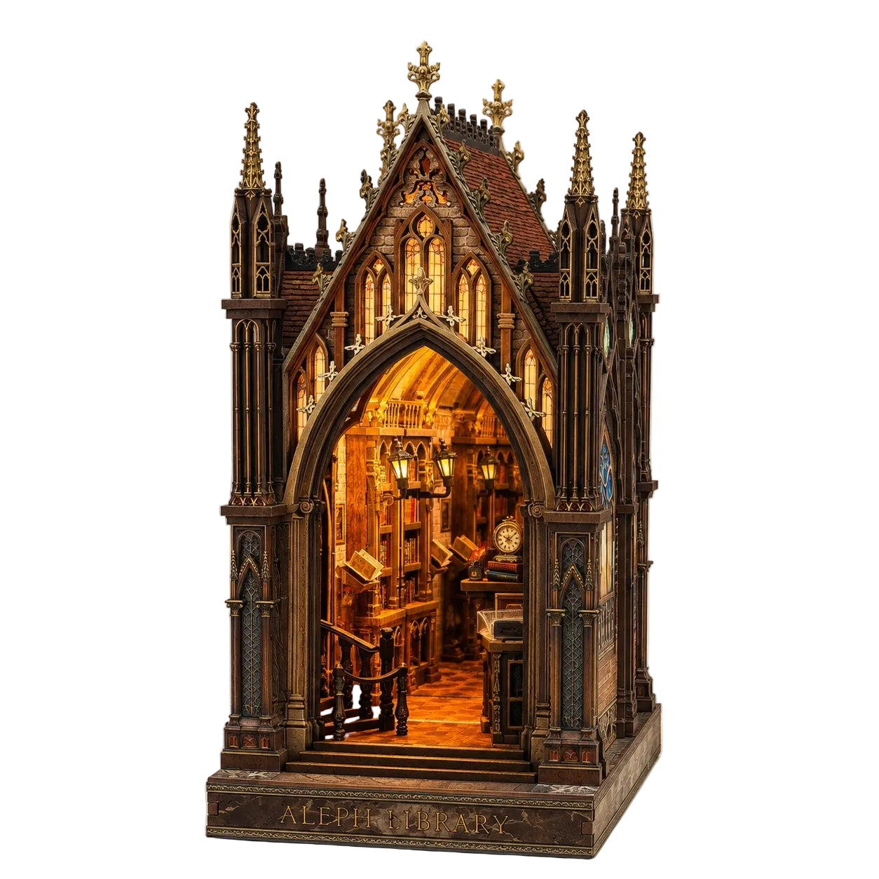 A miniature Gothic cathedral-style library diorama with intricate architectural details, warm amber interior lighting, and small shop fixtures, photographed against a plain beige studio background.
