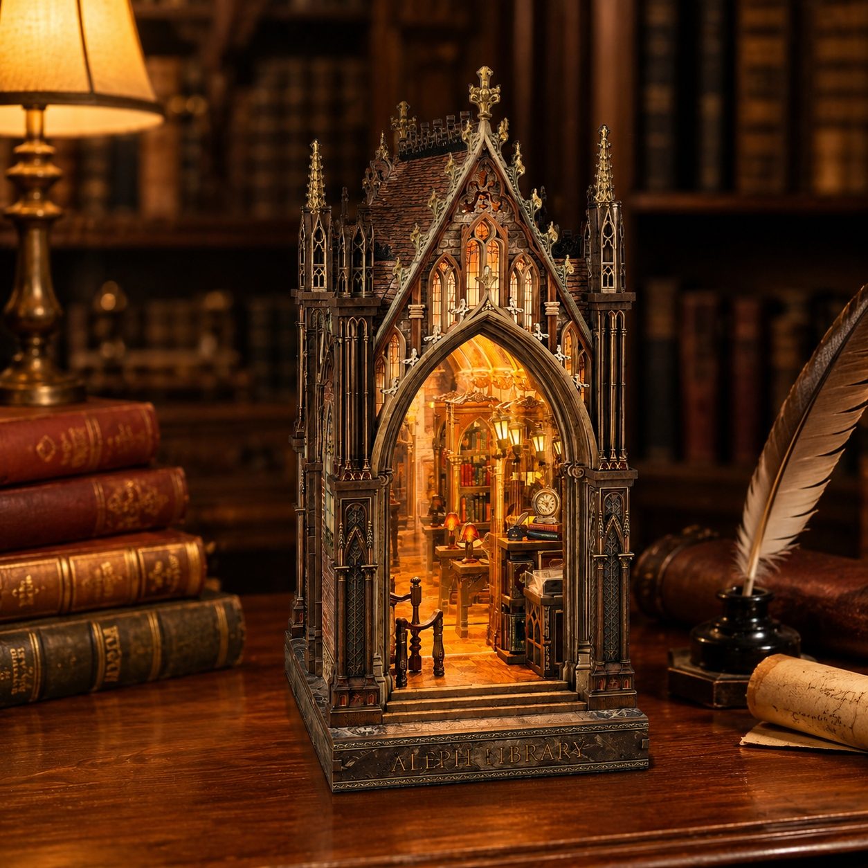 A miniature gothic cathedral-style book nook model with an illuminated interior, displayed on a wooden table in a warm, vintage library setting with books, a lamp, and a feather quill.