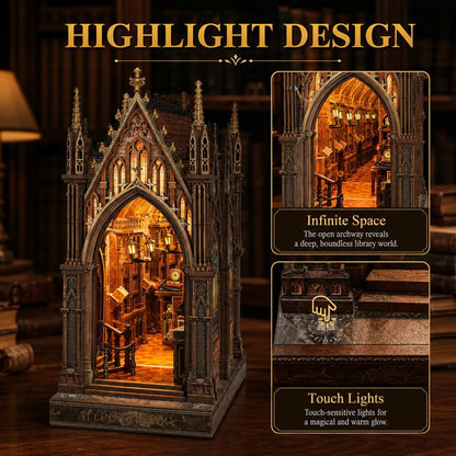 A gothic-style miniature library book noook model displayed on a wooden table, with promotional text reading 'HIGHLIGHT DESIGN' and two inset feature callouts: 'Infinite Space' showing a detailed library interior and 'Touch Lights' showing illuminated touch-sensitive windows.
