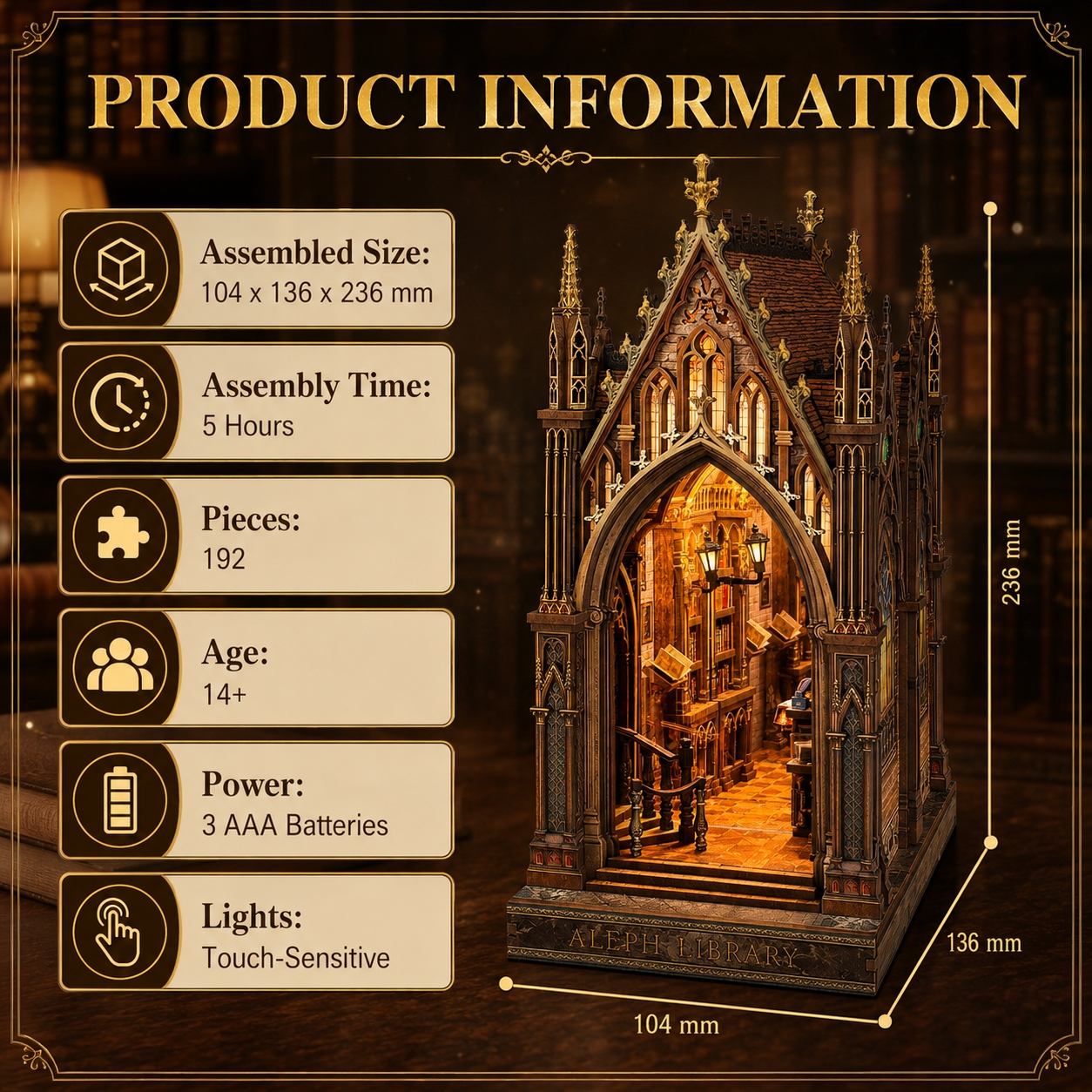 Product information graphic for a gothic miniature puzzle book nook box. The right side shows the assembled illuminated model with dimensions labeled 104 mm, 136 mm, and 236 mm.