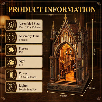 Product information graphic for a gothic miniature puzzle book nook box. The right side shows the assembled illuminated model with dimensions labeled 104 mm, 136 mm, and 236 mm.