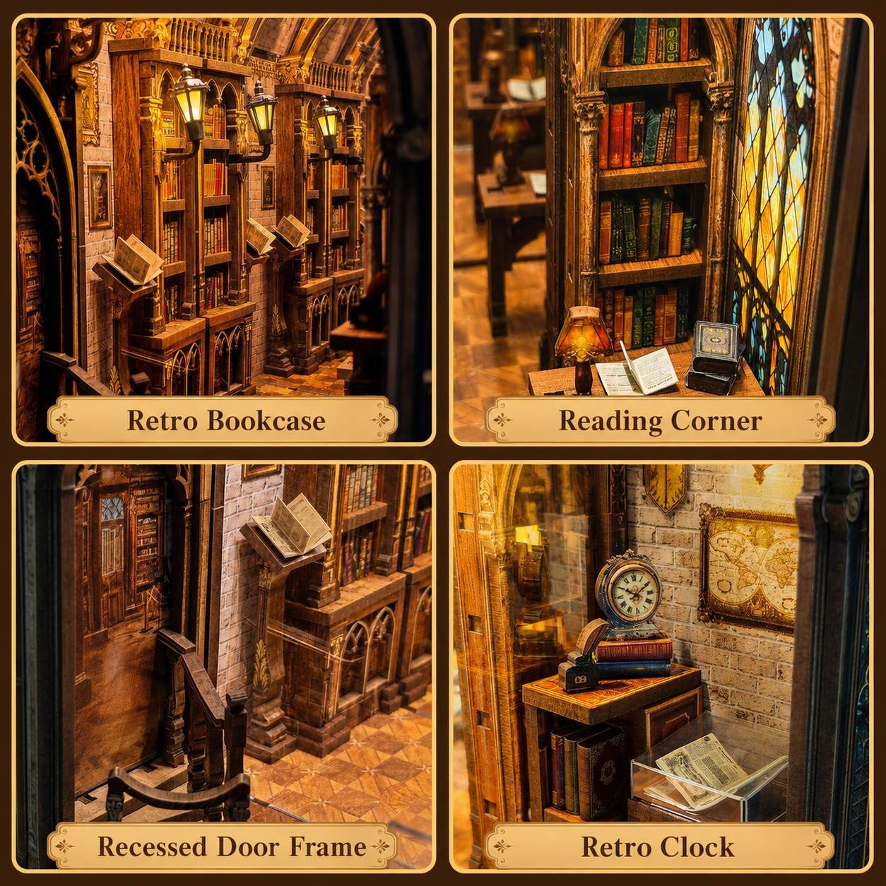 Four-panel collage showing miniature fantasy library interior details: a retro bookcase, reading corner, recessed door frame, and retro clock, each with a tan label below.